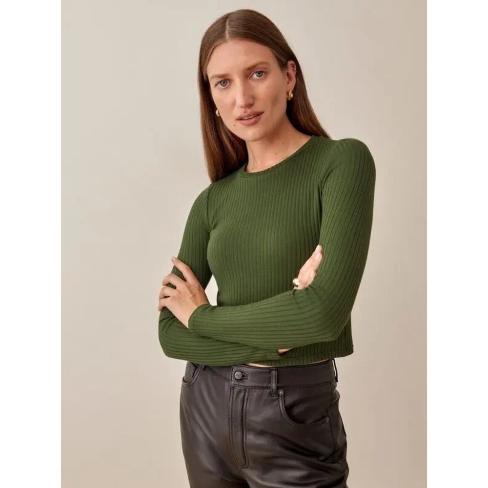 Reformation‎ Jackie Long Sleeve Ribbed Crop Top Fern Green Sz M